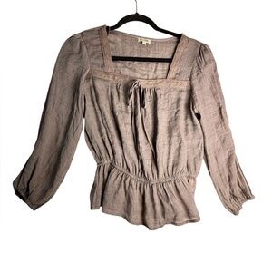 Lily White Taupe Long‎ Sleeve Peplum Square Neckline Blouse Crochet Trim Size S